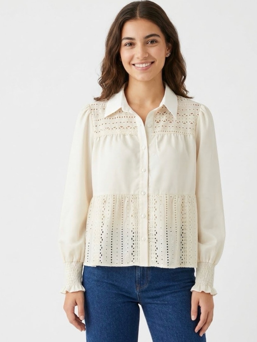 Women's Cream Eyelet Button-Down Shirt